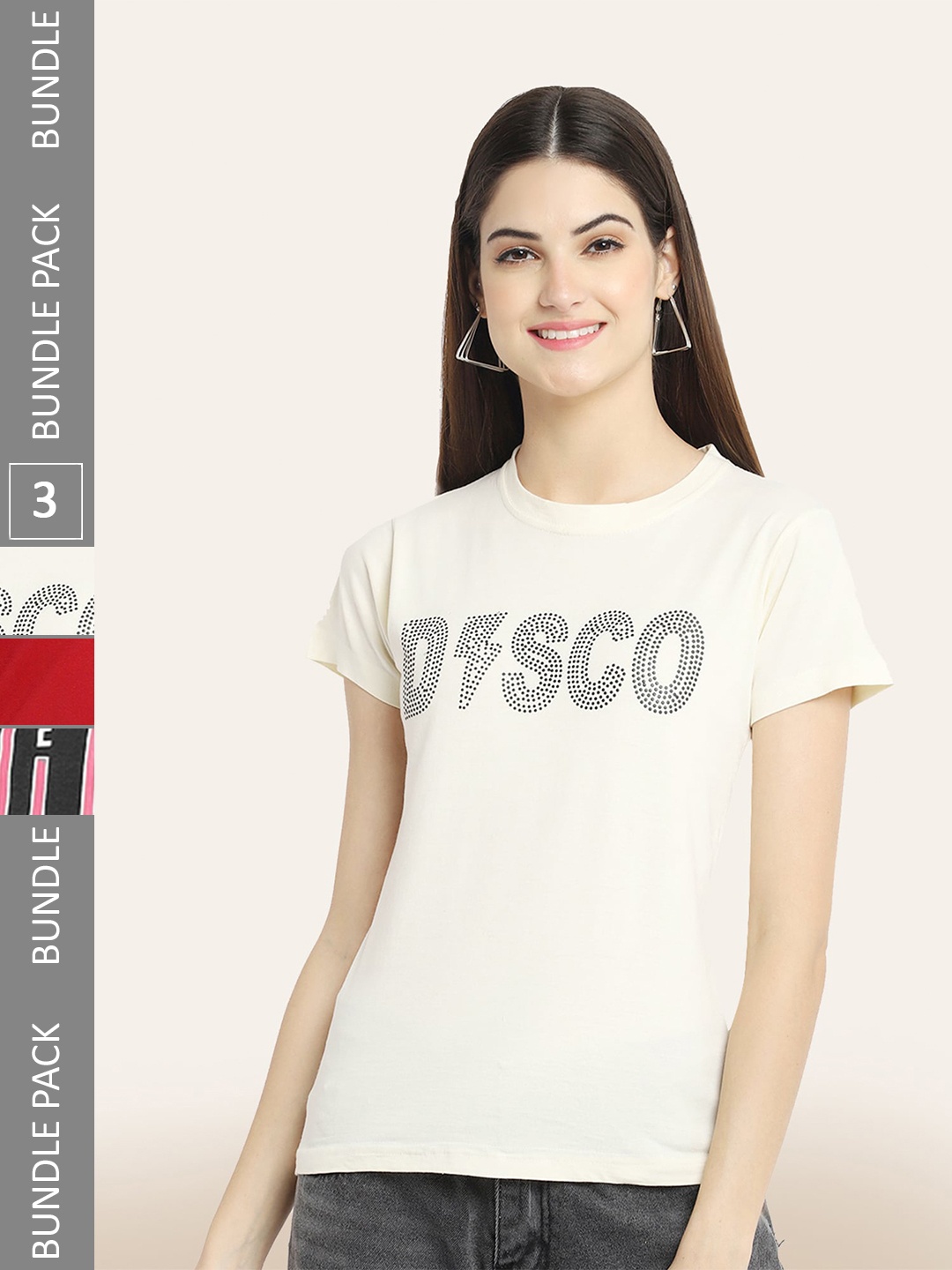

BAESD Women Pack Of 3 Typography Printed Cotton T-shirt, Off white