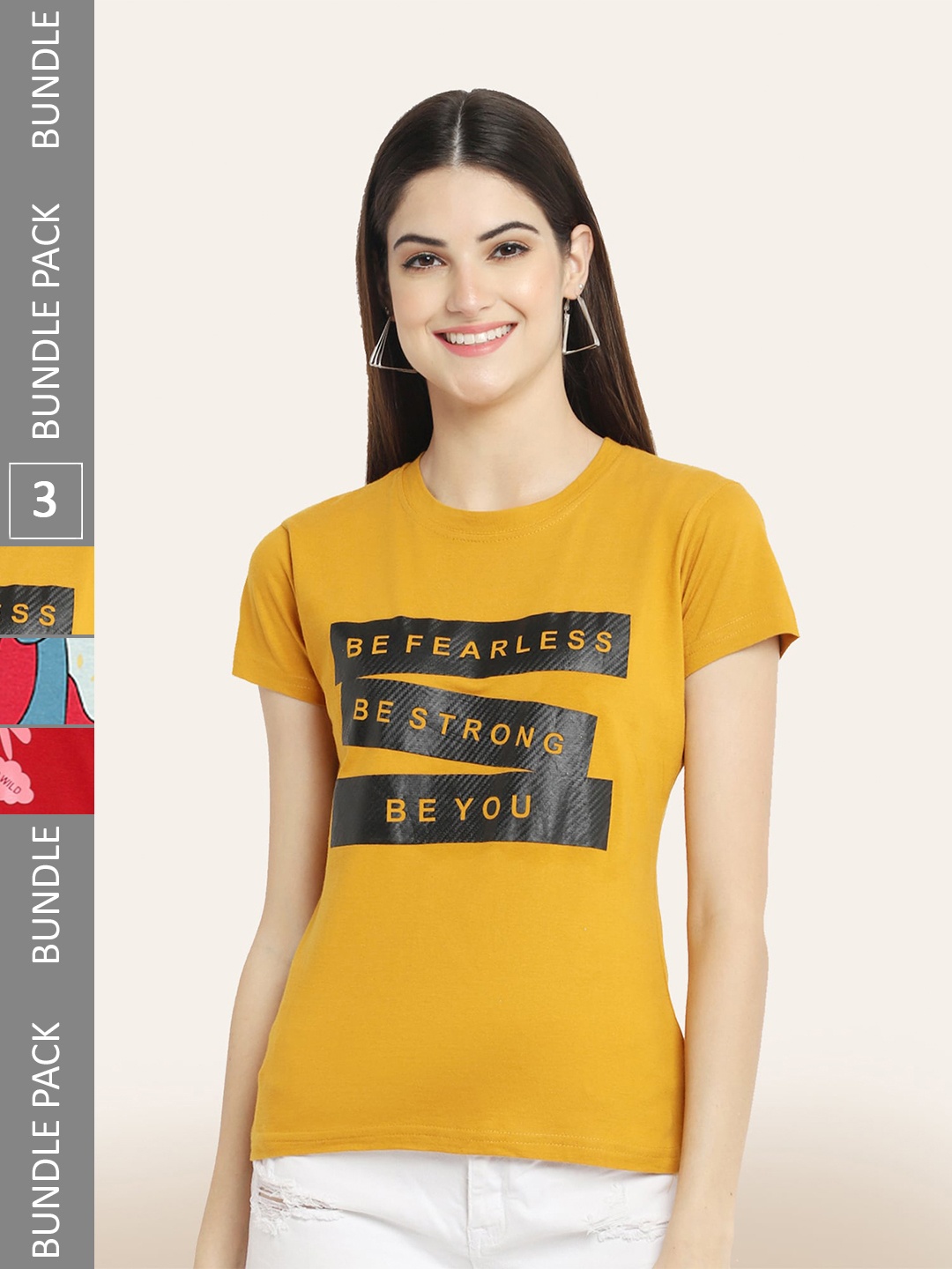 

BAESD Pack Of 3 Typography Printed Cotton T-shirts, Mustard