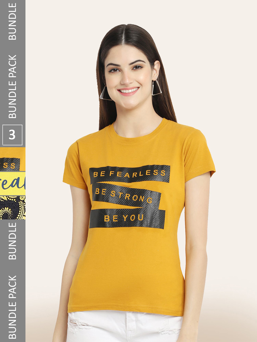 

BAESD Pack Of 3 Printed Round Neck Cotton T-Shirts, Mustard