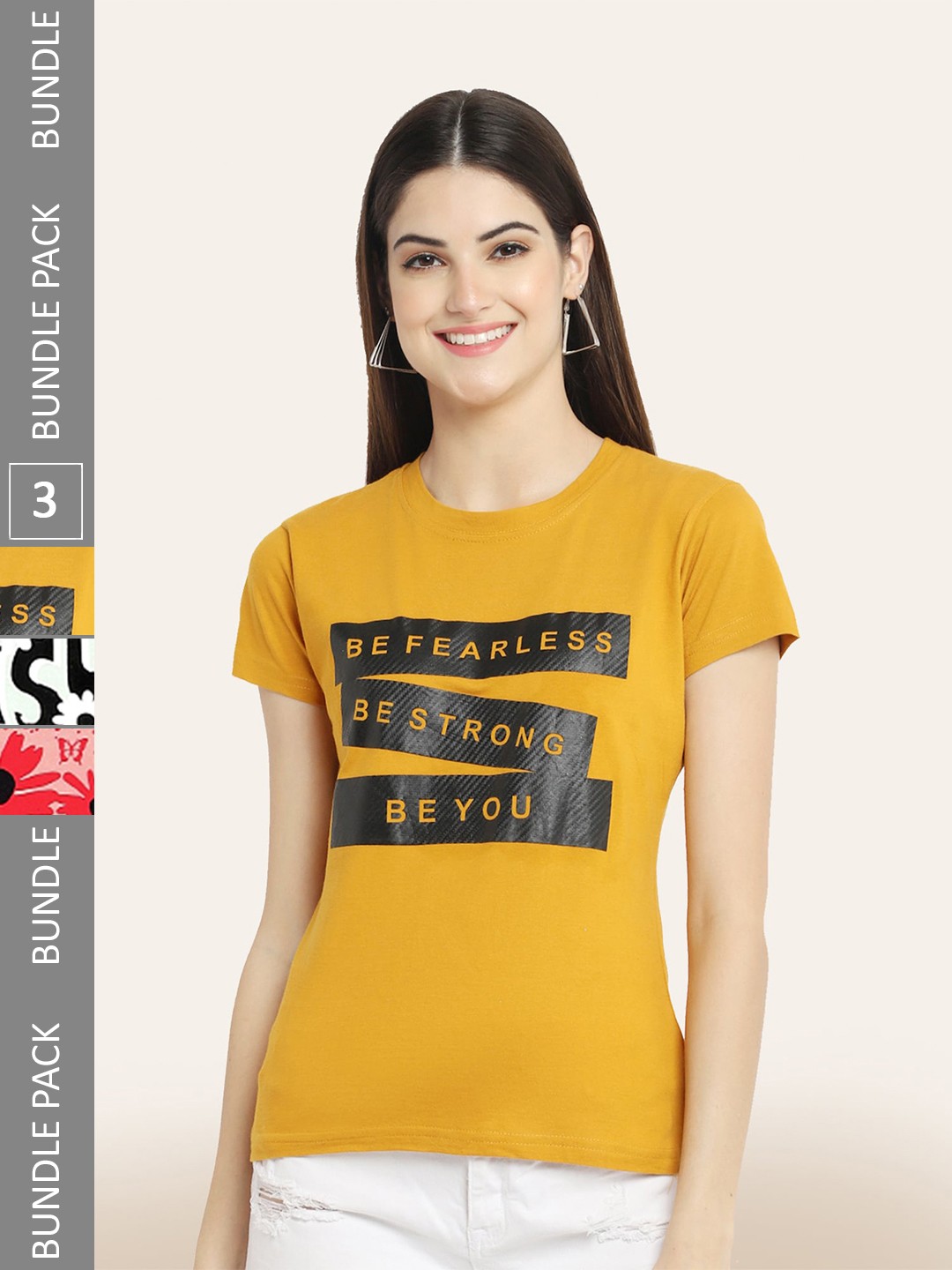 

BAESD Pack Of 3 Printed Cotton T-shirt, Mustard