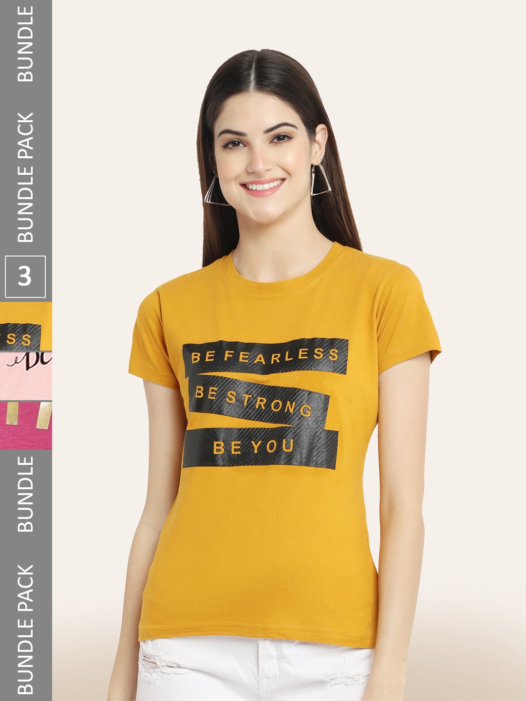 

BAESD Pack Of 3 Printed Round Neck Cotton T-Shirts, Mustard