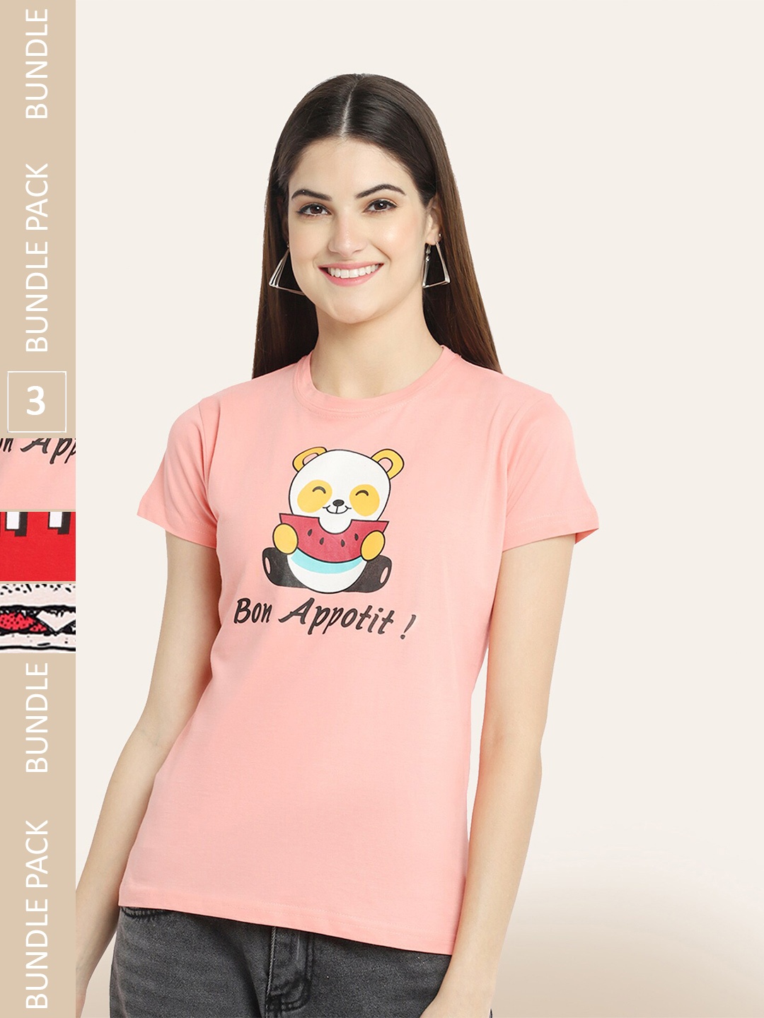 BAESD Pack Of 3 Printed Cotton T-shirt, Pink