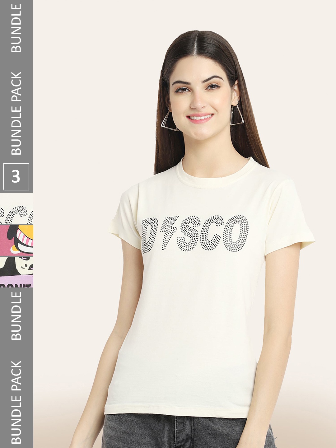 BAESD Pack Of 3 Typography Printed Cotton T-Shirts, Cream