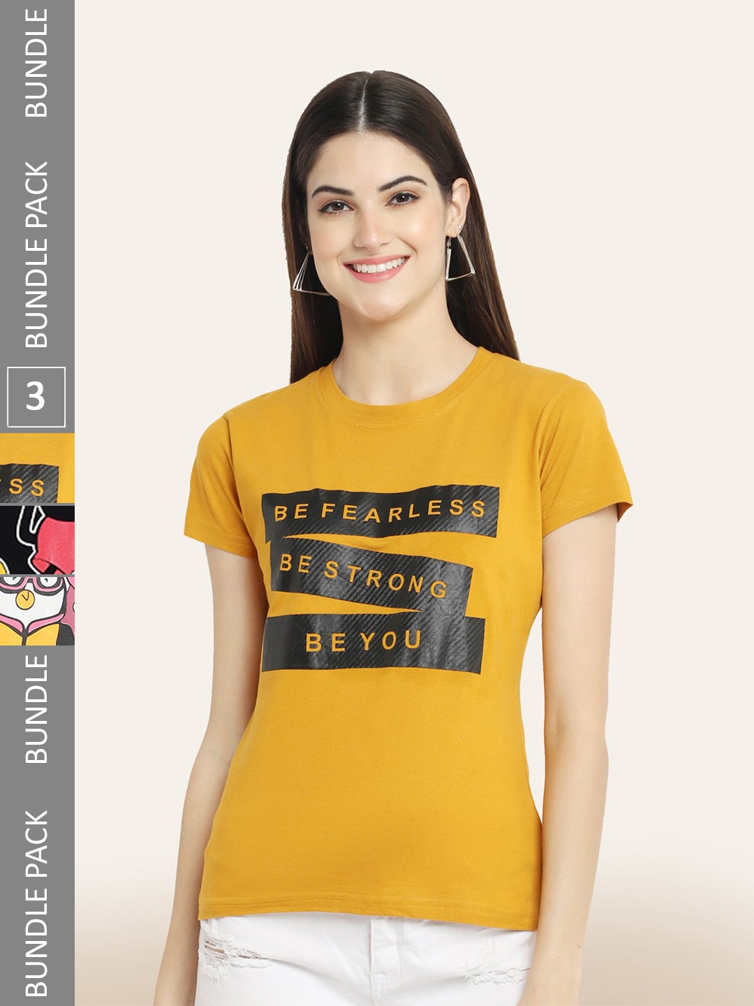 

BAESD Pack Of 3 Typography Printed Cotton T-shirt, Mustard