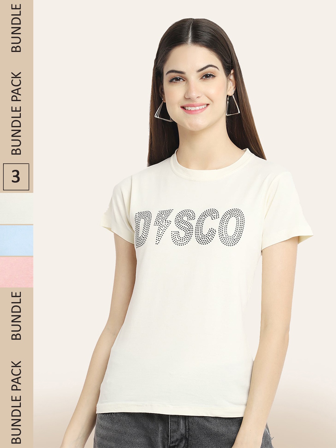BAESD Pack Of 3 Printed Round Neck Cotton T-Shirts, Cream