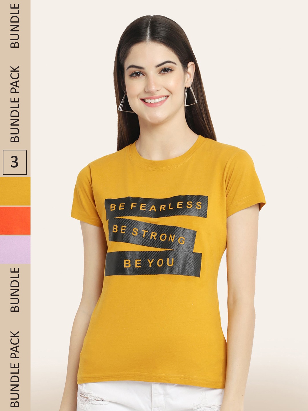

BAESD Women Pack Of 3 Printed Cotton T-shirt, Mustard