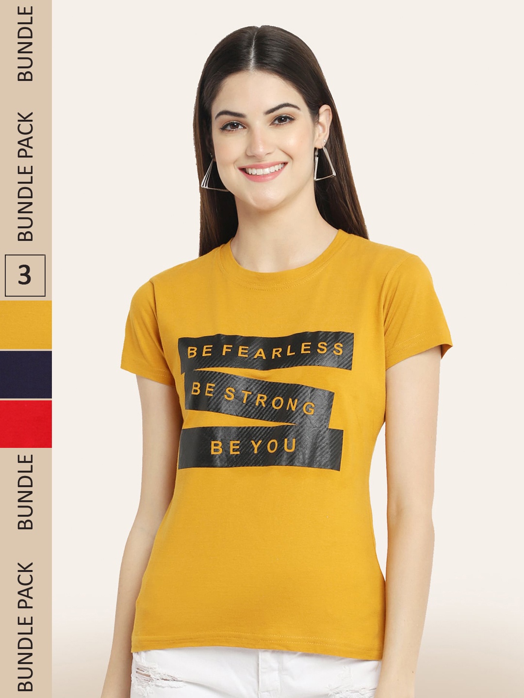 BAESD Pack Of 3 Printed Typography Printed Cotton T-shirt, Mustard