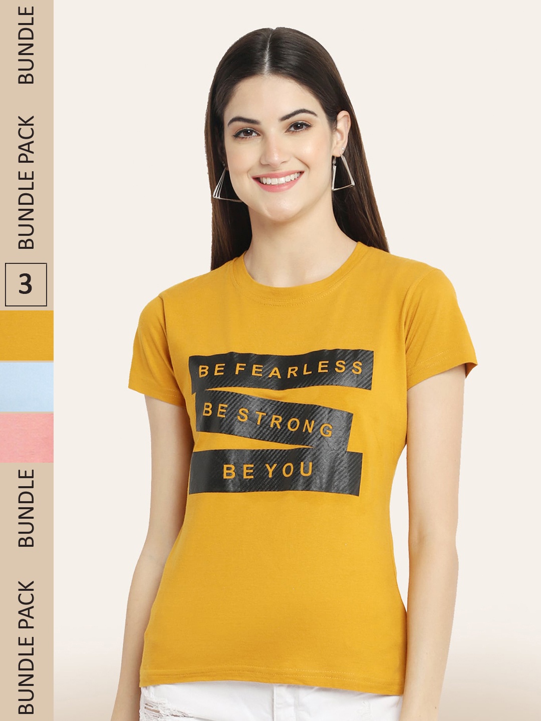 

BAESD Women Pack of 3 Printed Cotton T-shirts, Mustard