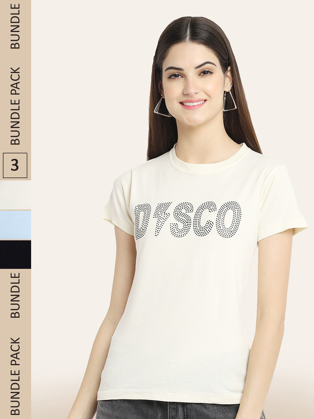 

BAESD Pack Of 3 Round Neck Printed Cotton T-shirt, Cream