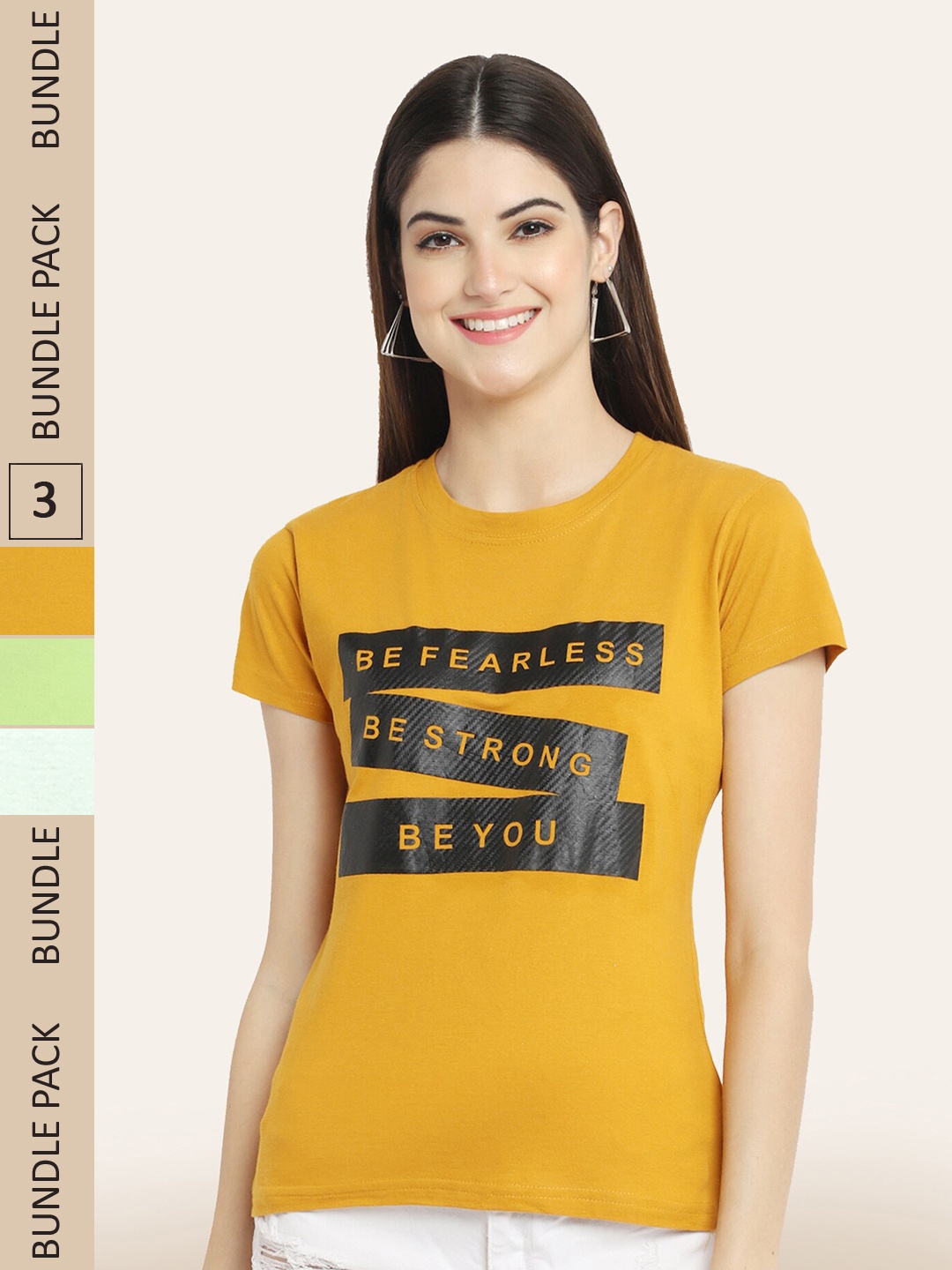 BAESD Pack Of 3 Printed Cotton T-shirt, Mustard