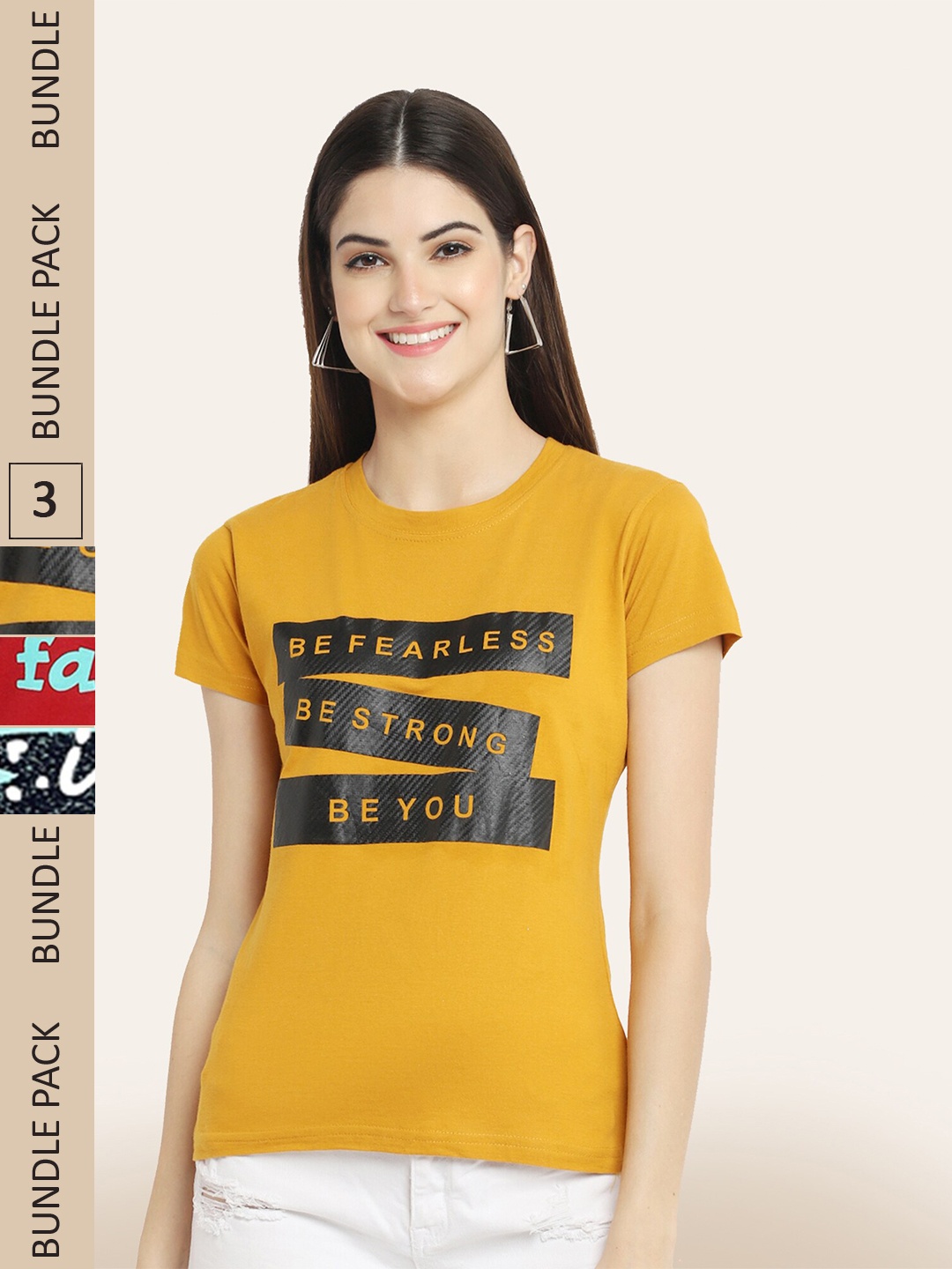 

BAESD Pack Of 3 Typography Printed Cotton T-shirts, Mustard