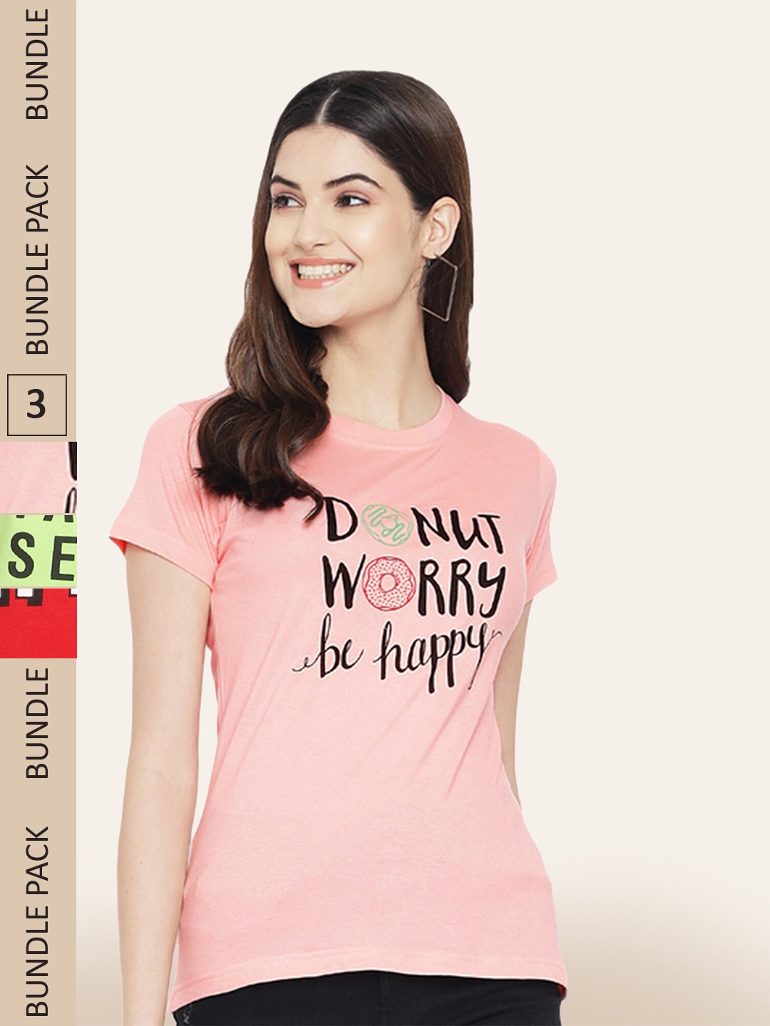 

BAESD Pack Of 3 Printed Casual Cotton T-shirts, Peach