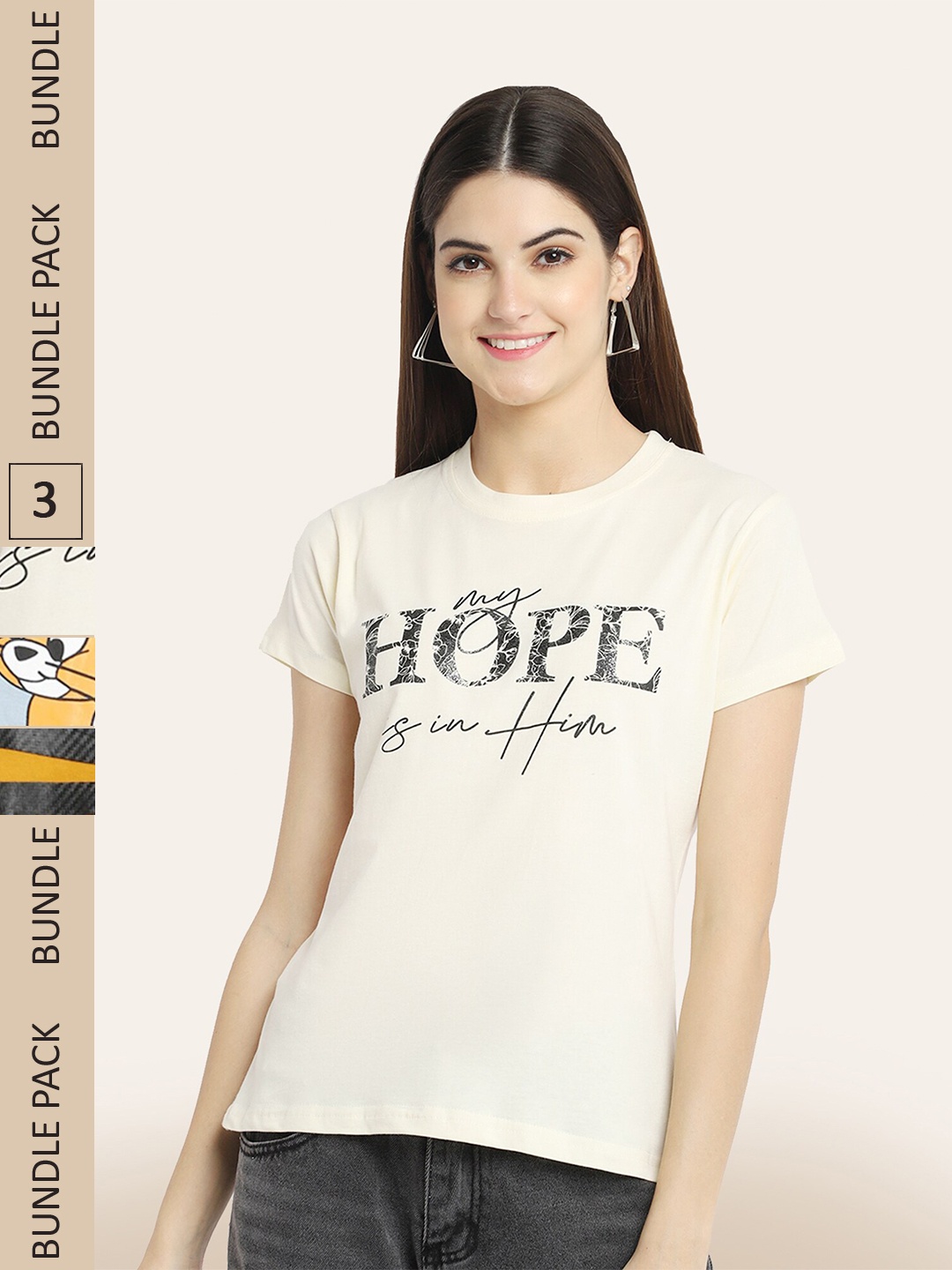 

BAESD Pack Of 3 Printed Cotton T-shirt, Cream