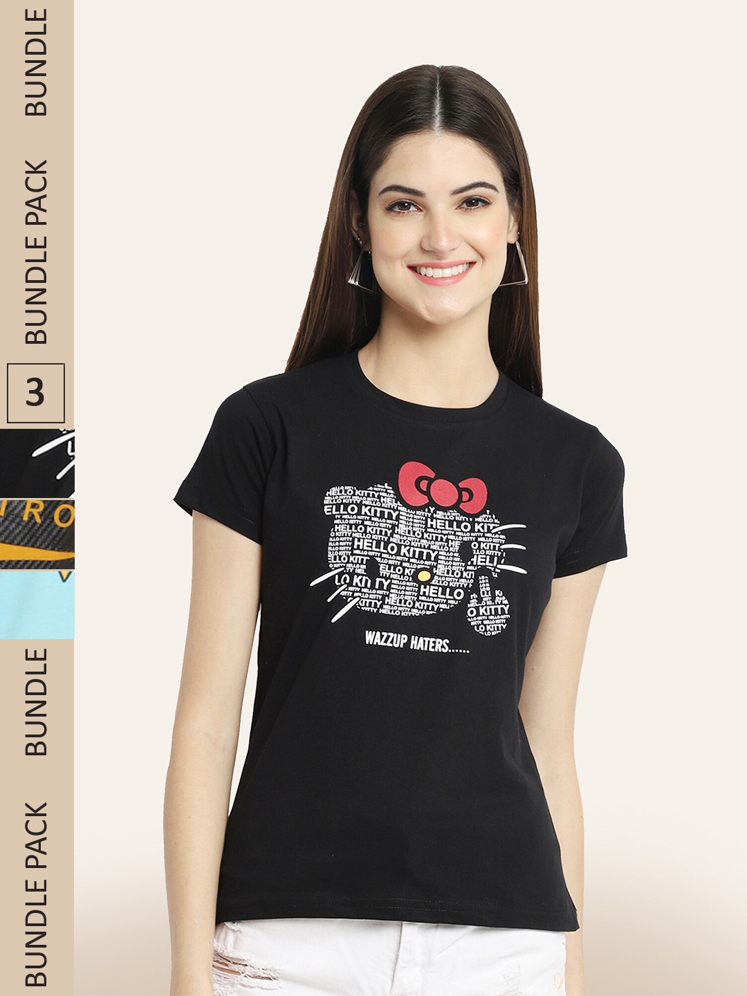 BAESD Pack Of 3 Hello Kitty Printed Cotton T-shirt, Black