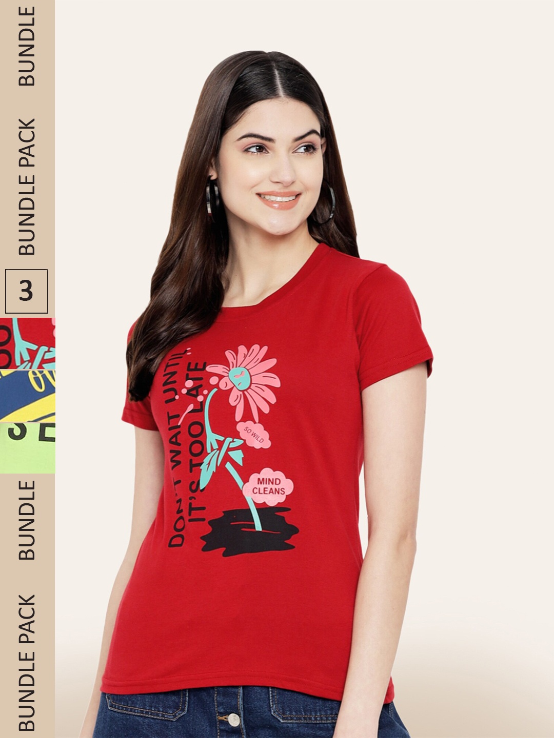 BAESD Pack Of 3 Round Neck Printed Cotton T-shirt, Red