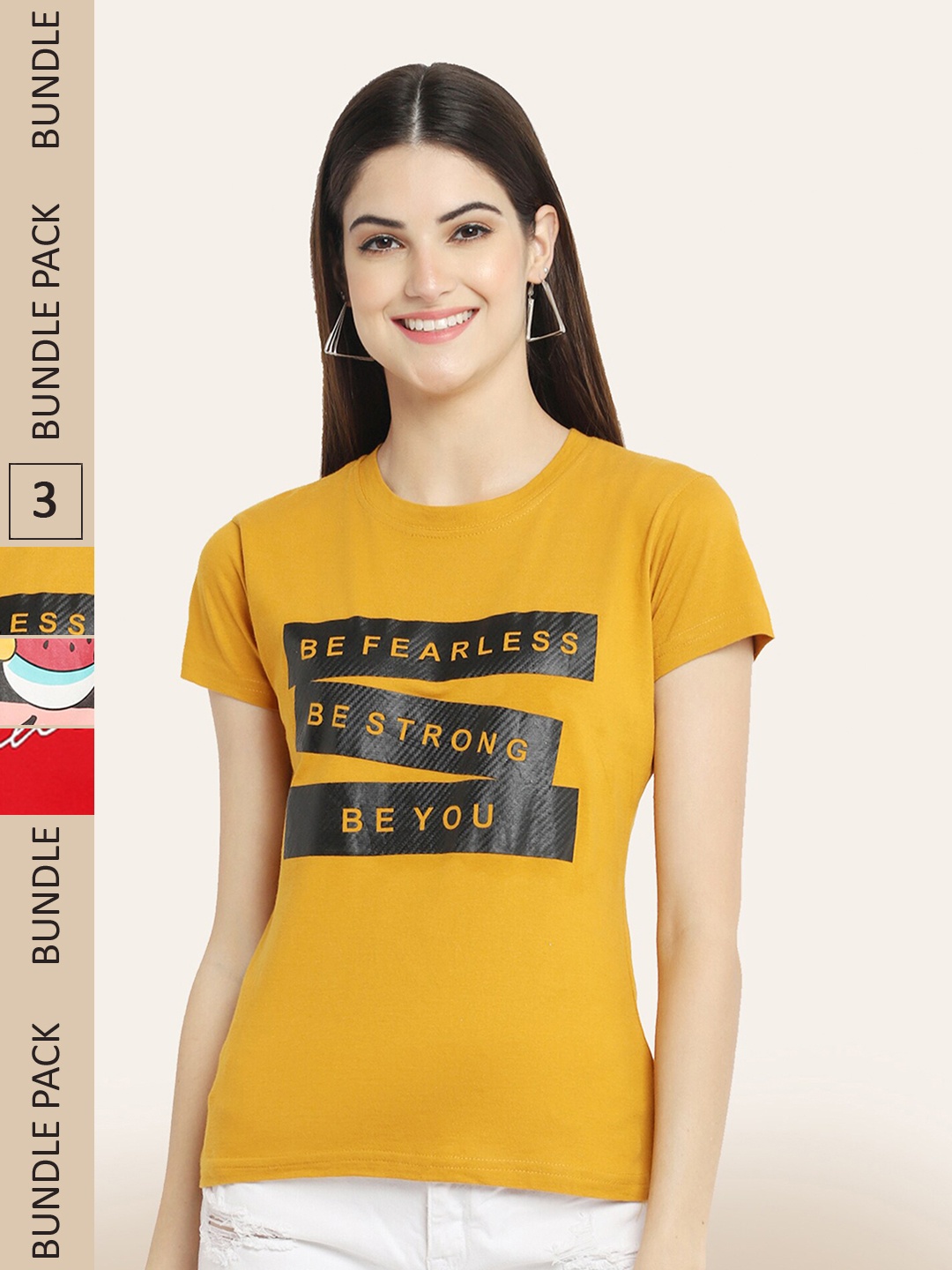 

BAESD Pack Of 3 Printed Cotton T-shirt, Mustard