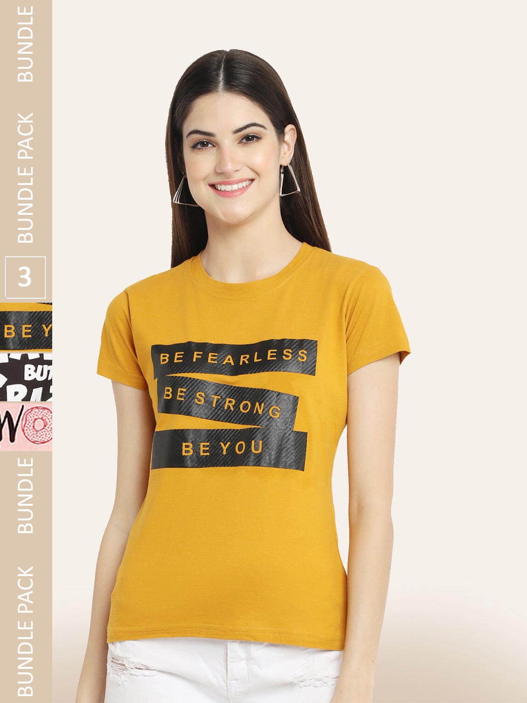 BAESD Pack Of 3 Typography Printed Cotton T-Shirts, Yellow