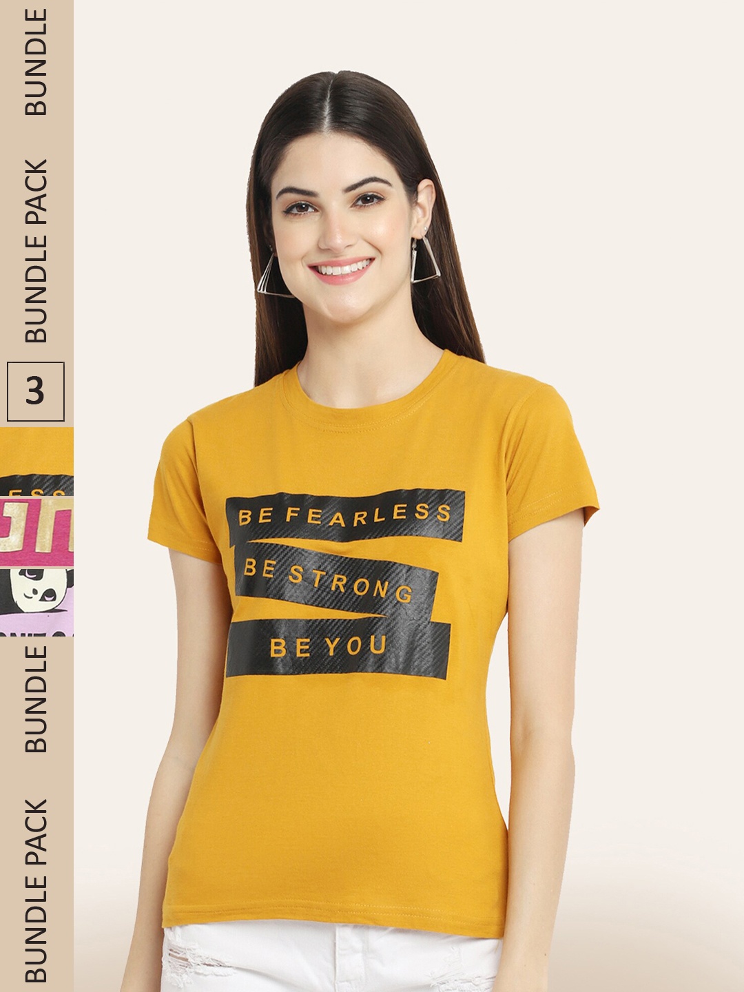

BAESD Pack Of 3 Printed Casual Cotton T-shirts, Mustard