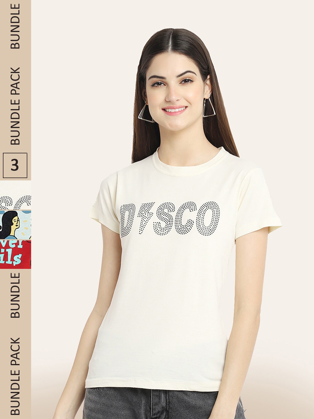

BAESD Pack Of 3 Printed Cotton T-shirt, Cream