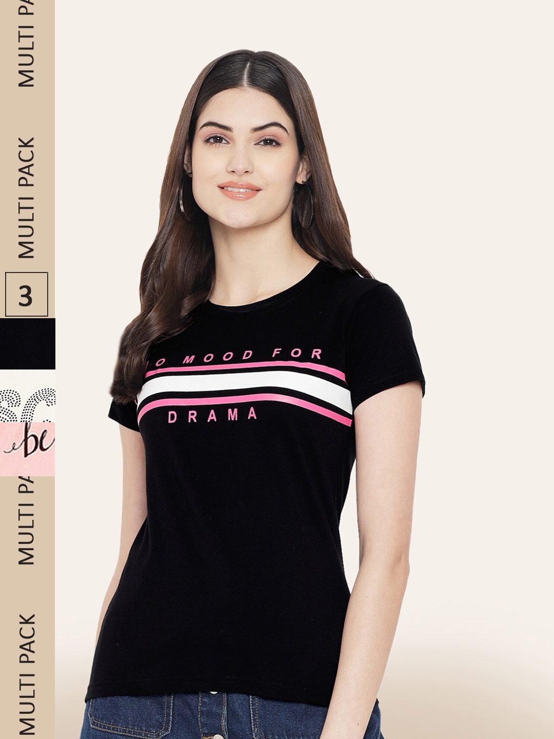 

BAESD Pack Of 3 Typography Printed Cotton T-shirt, Black