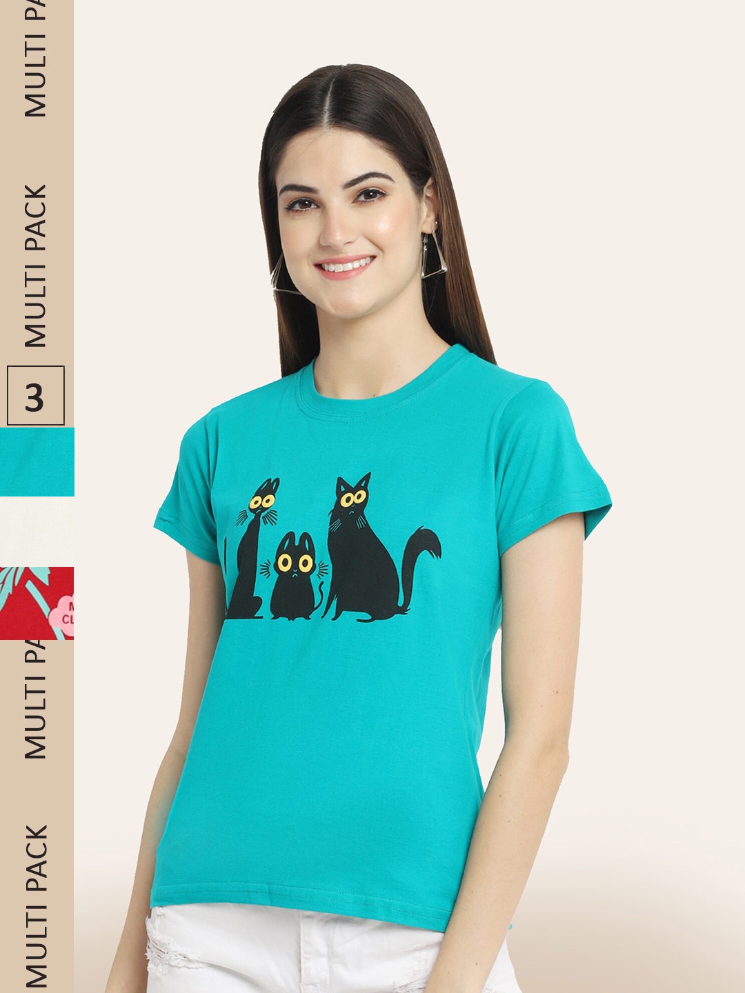 

BAESD Women Pack Of 3 Printed Cotton T-shirt, Blue