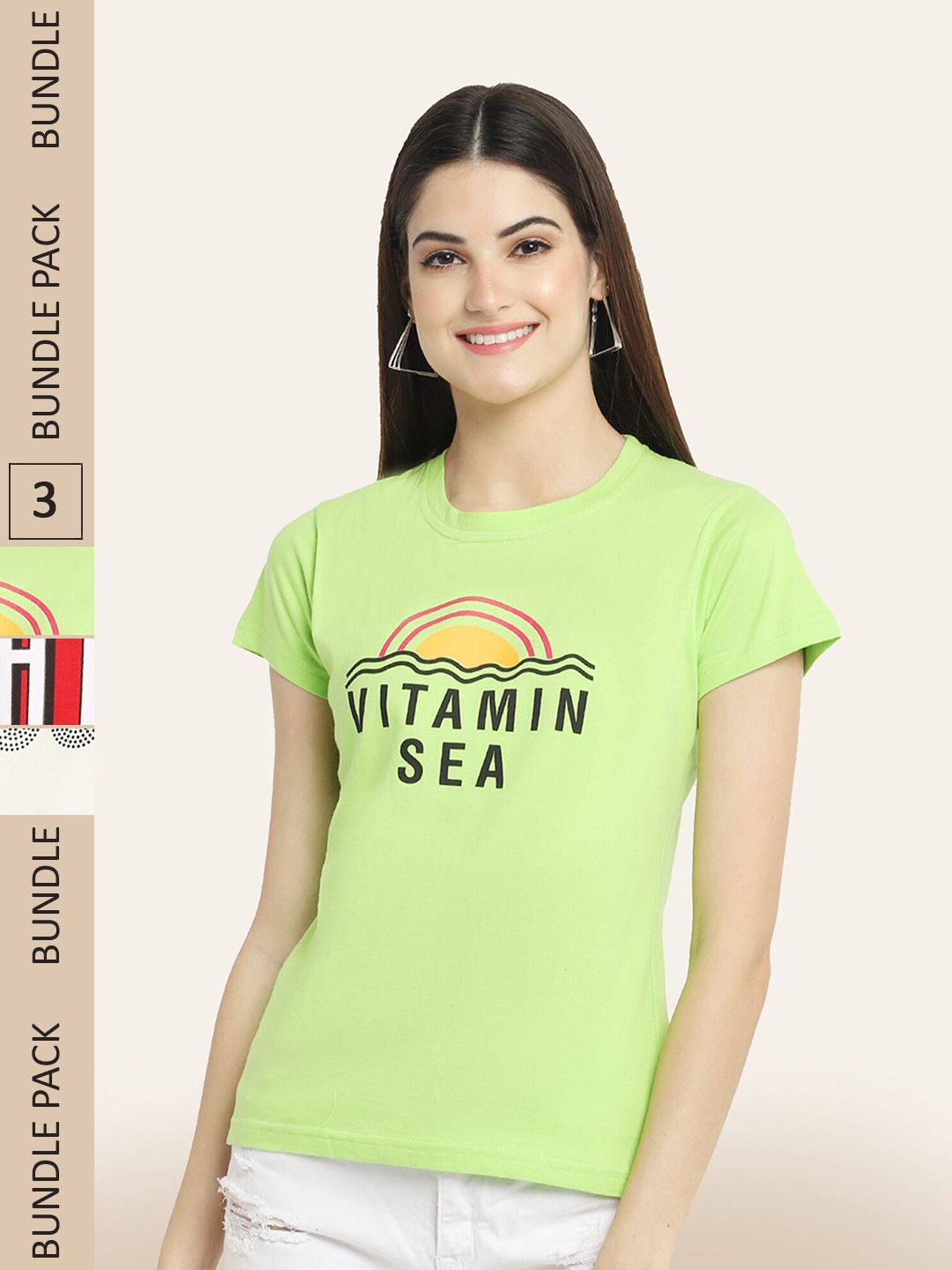 BAESD Women Pack Of 3 Typography Printed Cotton T-shirt, Green