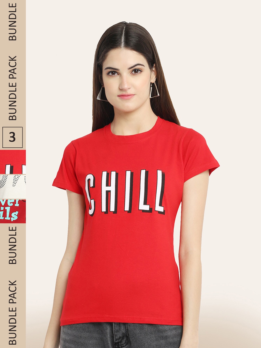 

BAESD Women Pack of 3 Printed Cotton T-shirts, Red