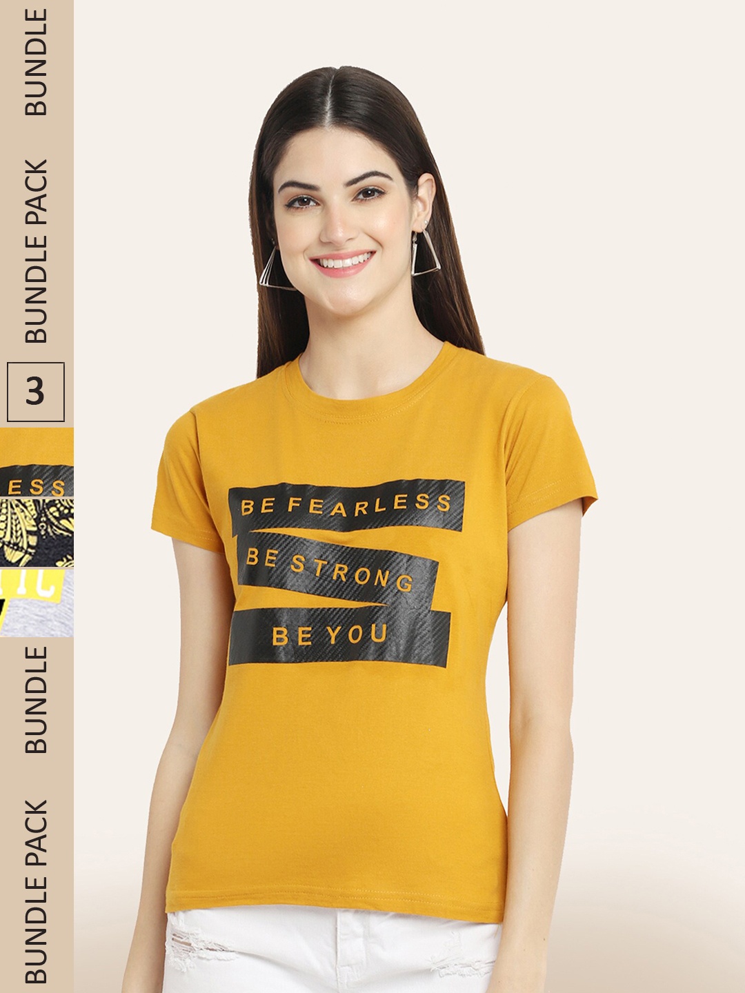

BAESD Pack Of 3 Typography Printed Cotton T-shirt, Mustard