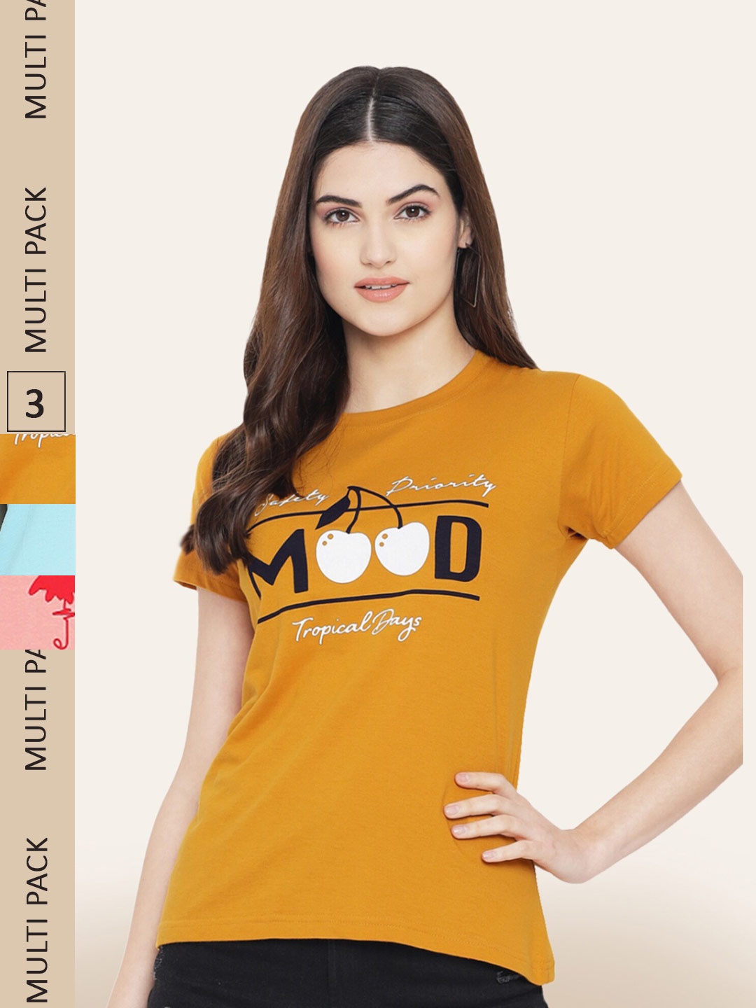 BAESD Pack Of 3 Typography Printed Cotton T-shirt, Mustard