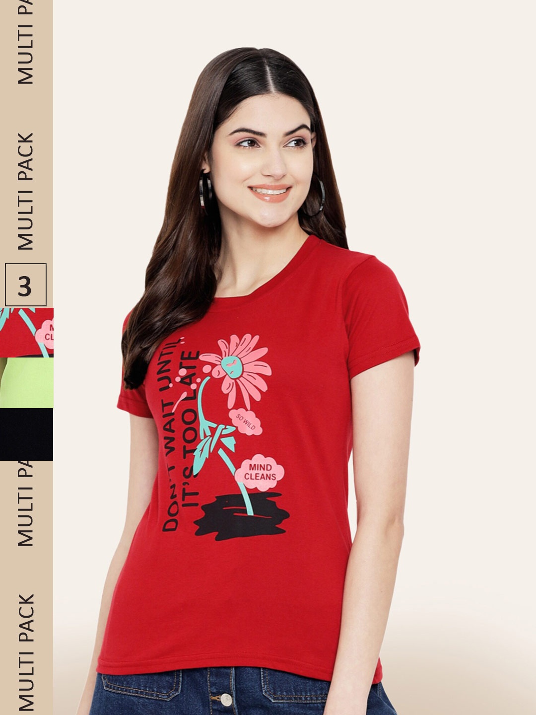 BAESD Pack Of 3 Typography Printed Casual Cotton T-shirts, Red