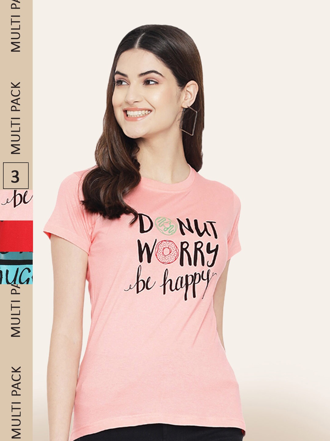 

BAESD Women Pack of 3 Printed Cotton T-shirts, Pink