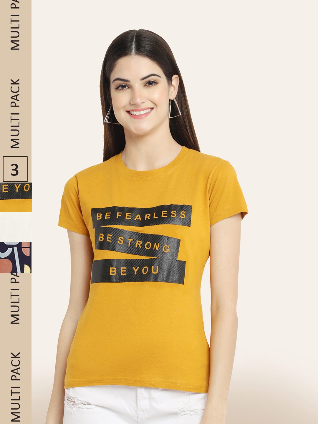 

BAESD Pack Of 3 Typography Printed Cotton T-shirt, Mustard