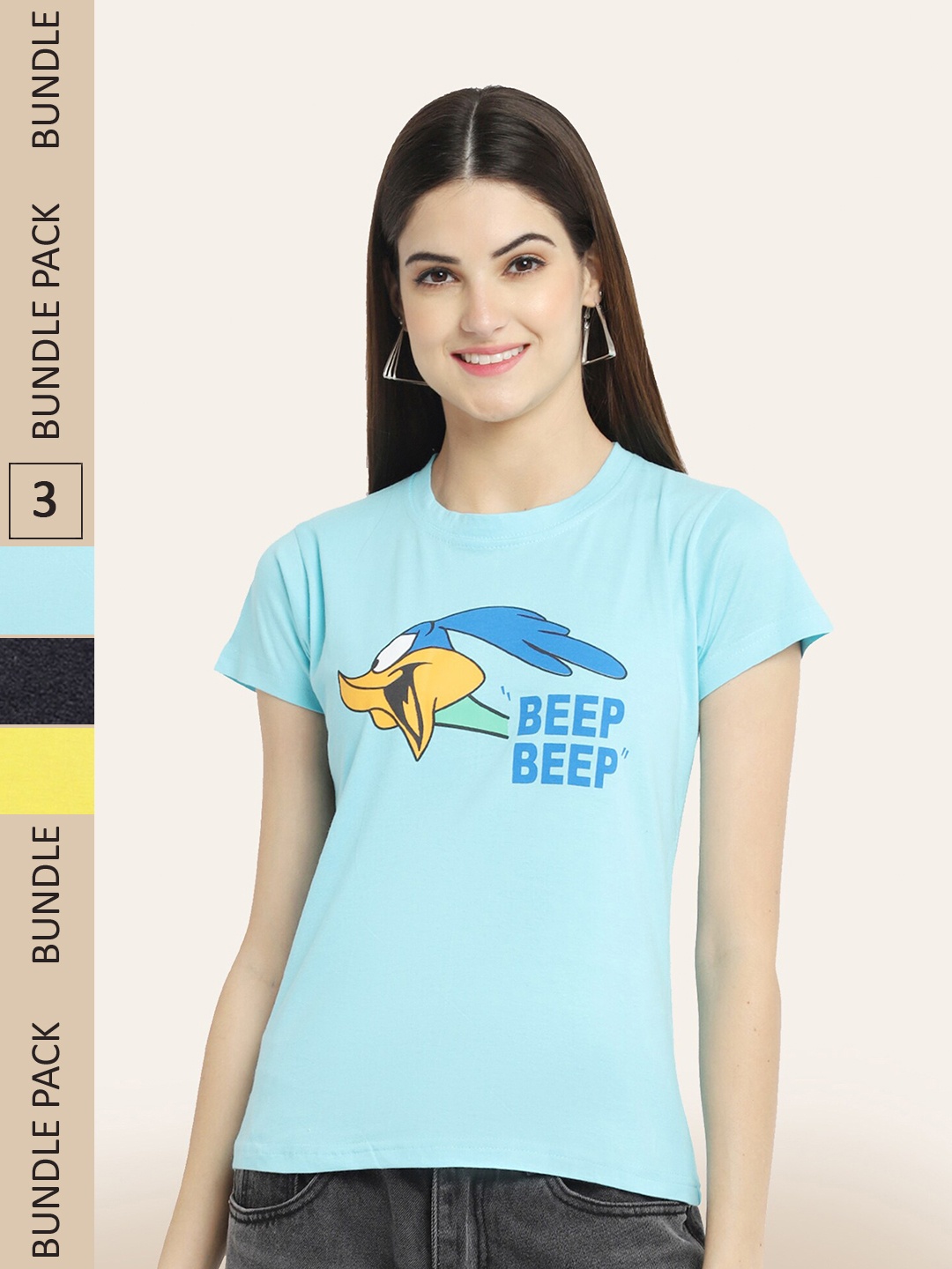 

BAESD Women Pack Of 3 Printed Cotton T-shirt, Blue