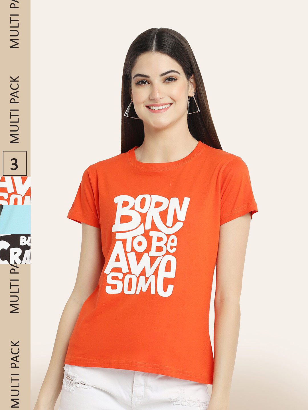 

BAESD Women Pack Of 3 Typography Printed Cotton T-shirt, Orange