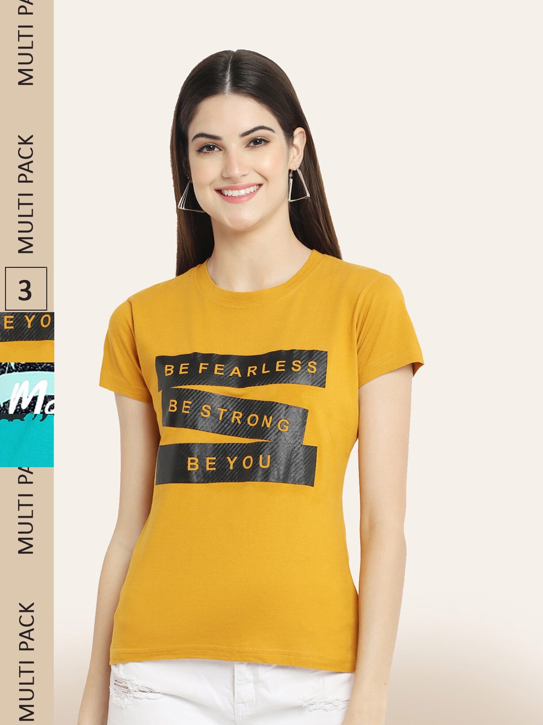 

BAESD Women Pack Of 3 Printed Cotton T-shirt, Mustard