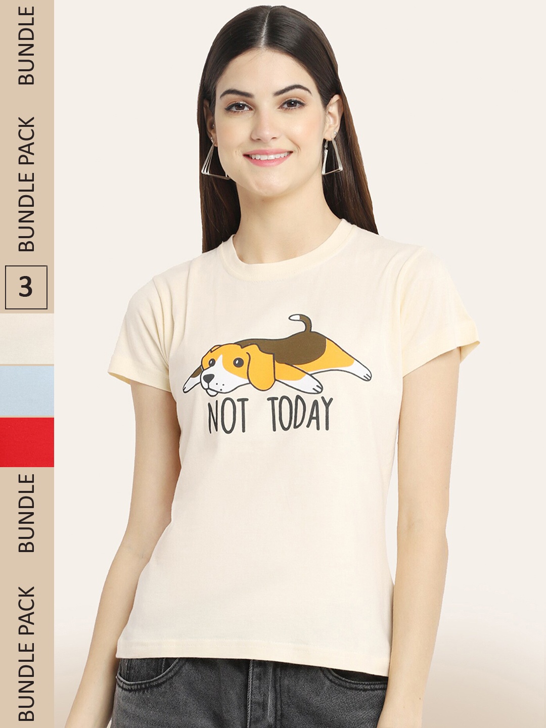 BAESD Pack Of 3 Typography Printed Cotton T-shirt, Cream
