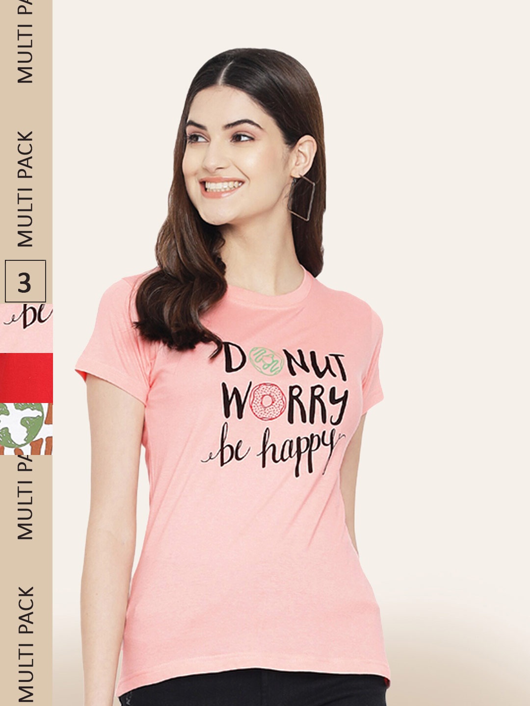 

BAESD Pack of 3 Typography rinted Cotton T-shirts, Peach