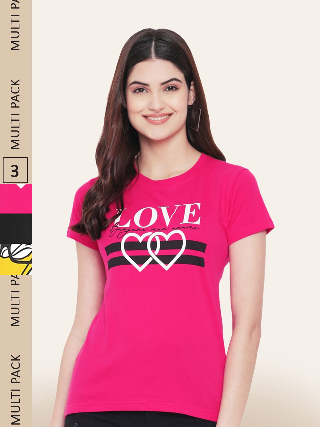 

BAESD Pack of 3 Typography Printed T-Shirts, Pink