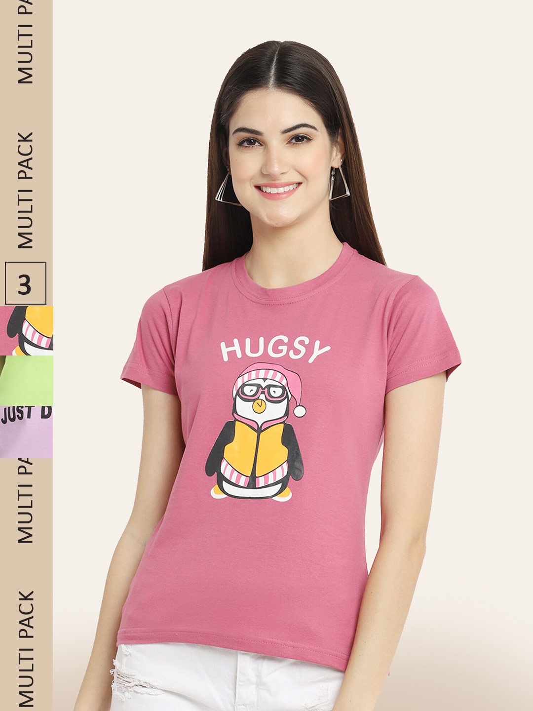 

BAESD Pack Of 3 Printed Cotton T-shirts, Pink