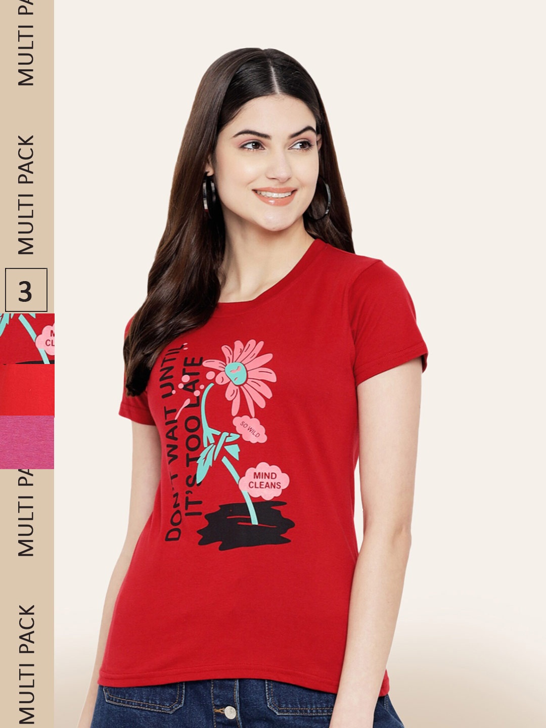 

BAESD Pack Of 3 Typography Printed Cotton T-shirt, Red