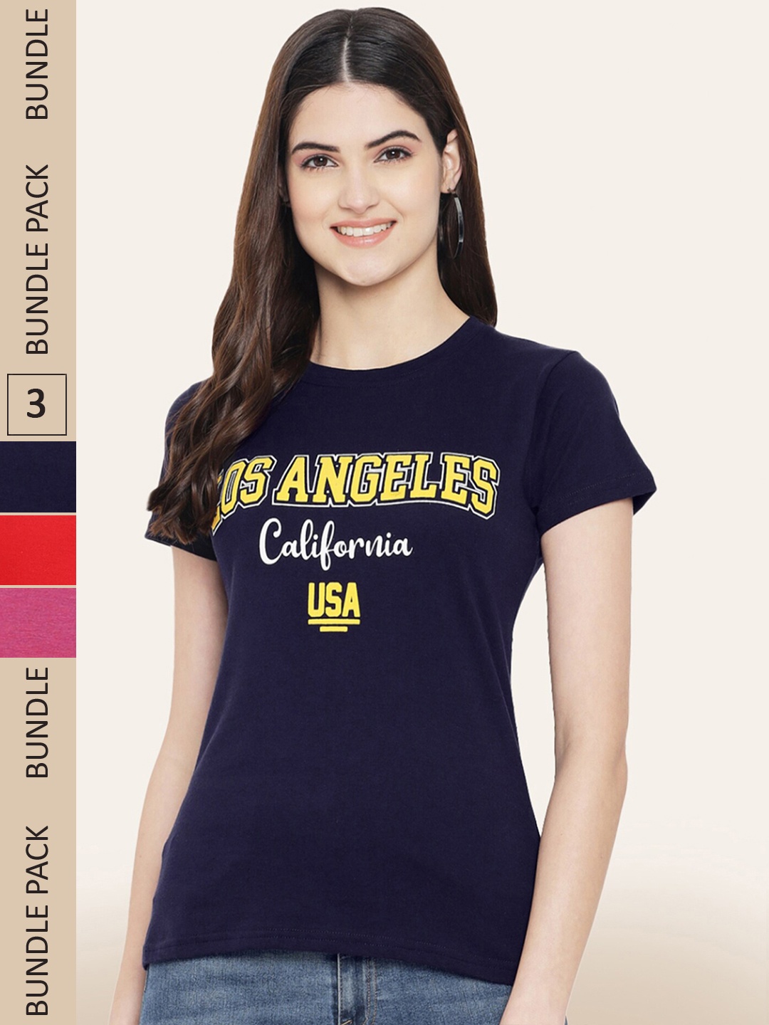 

BAESD Women Pack Of 3 Typography Printed Cotton T-shirt, Navy blue