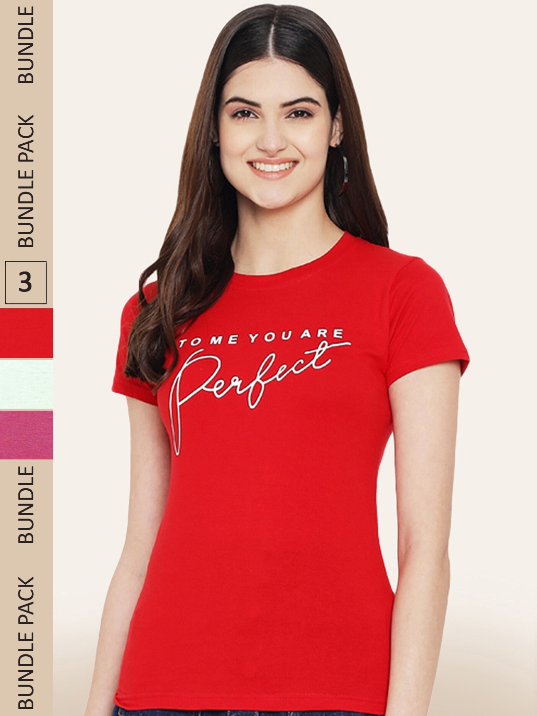 

BAESD Women Pack Of 3 Typography Printed Cotton T-shirt, Red