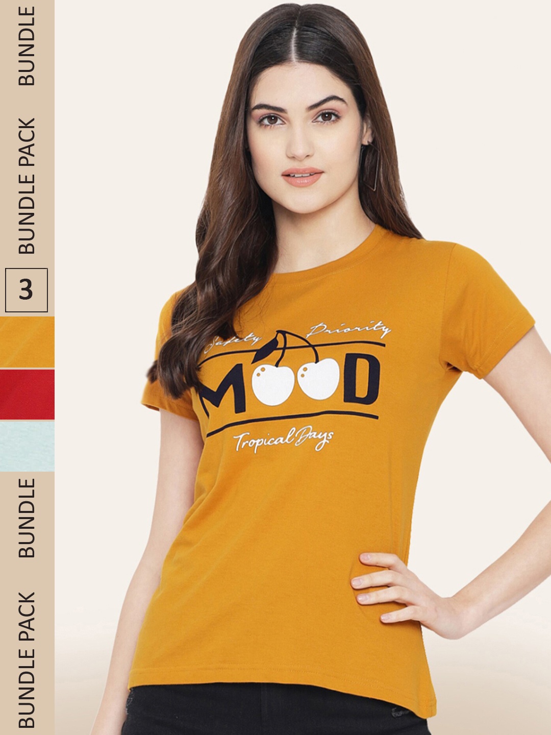 

BAESD Pack Of 3 Printed Cotton T-shirts, Mustard