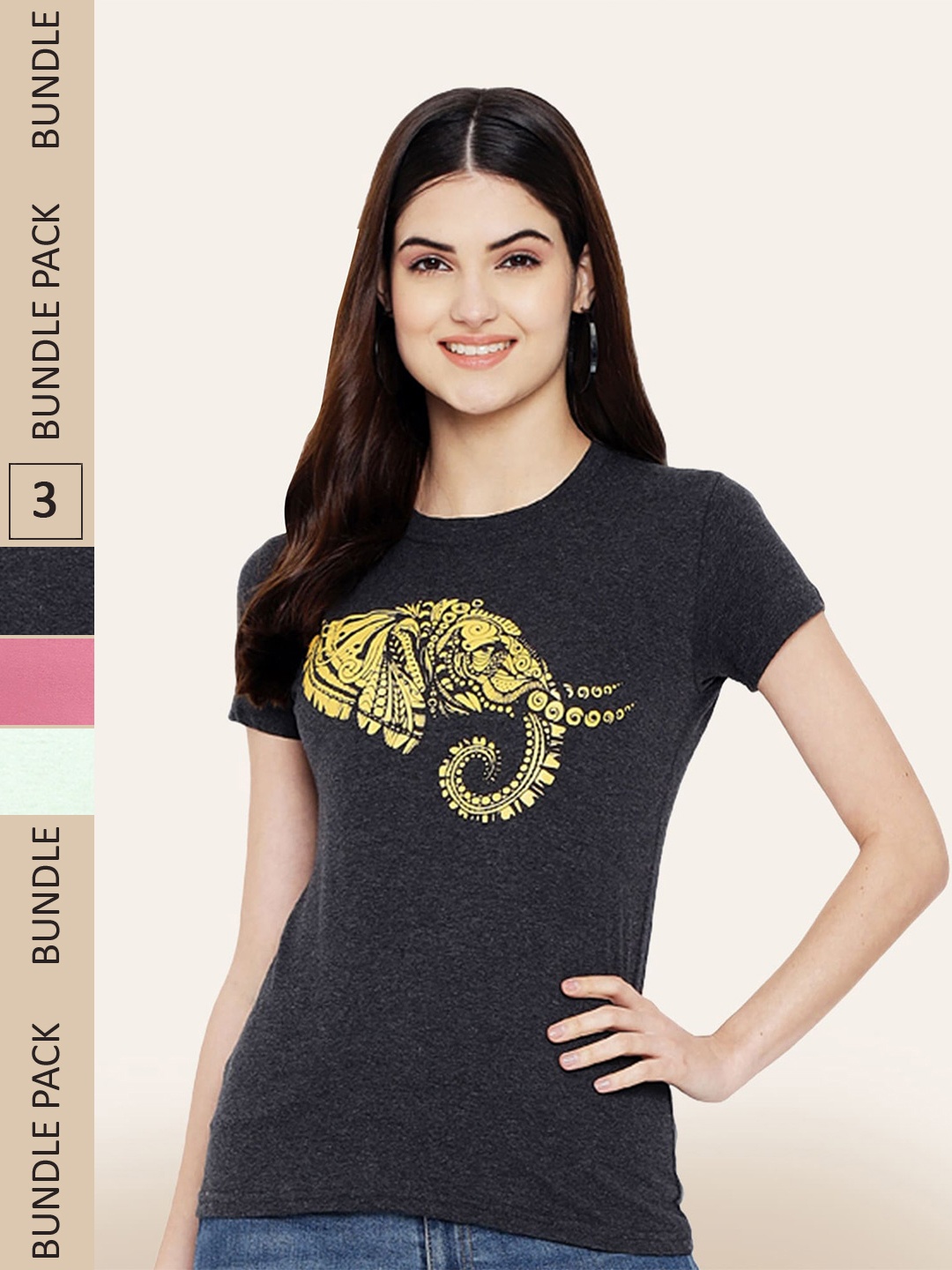 BAESD Women Pack Of 3 Typography Printed Cotton T-shirt, Grey