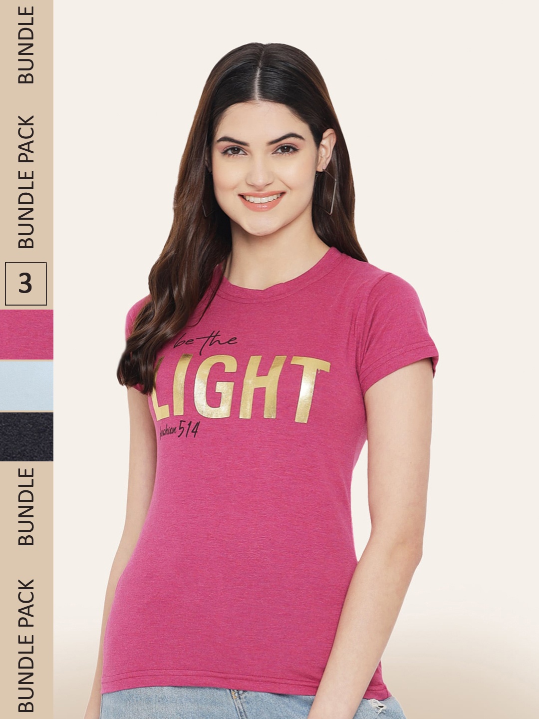 

BAESD Pack of 3 Typography Printed T-Shirts, Pink
