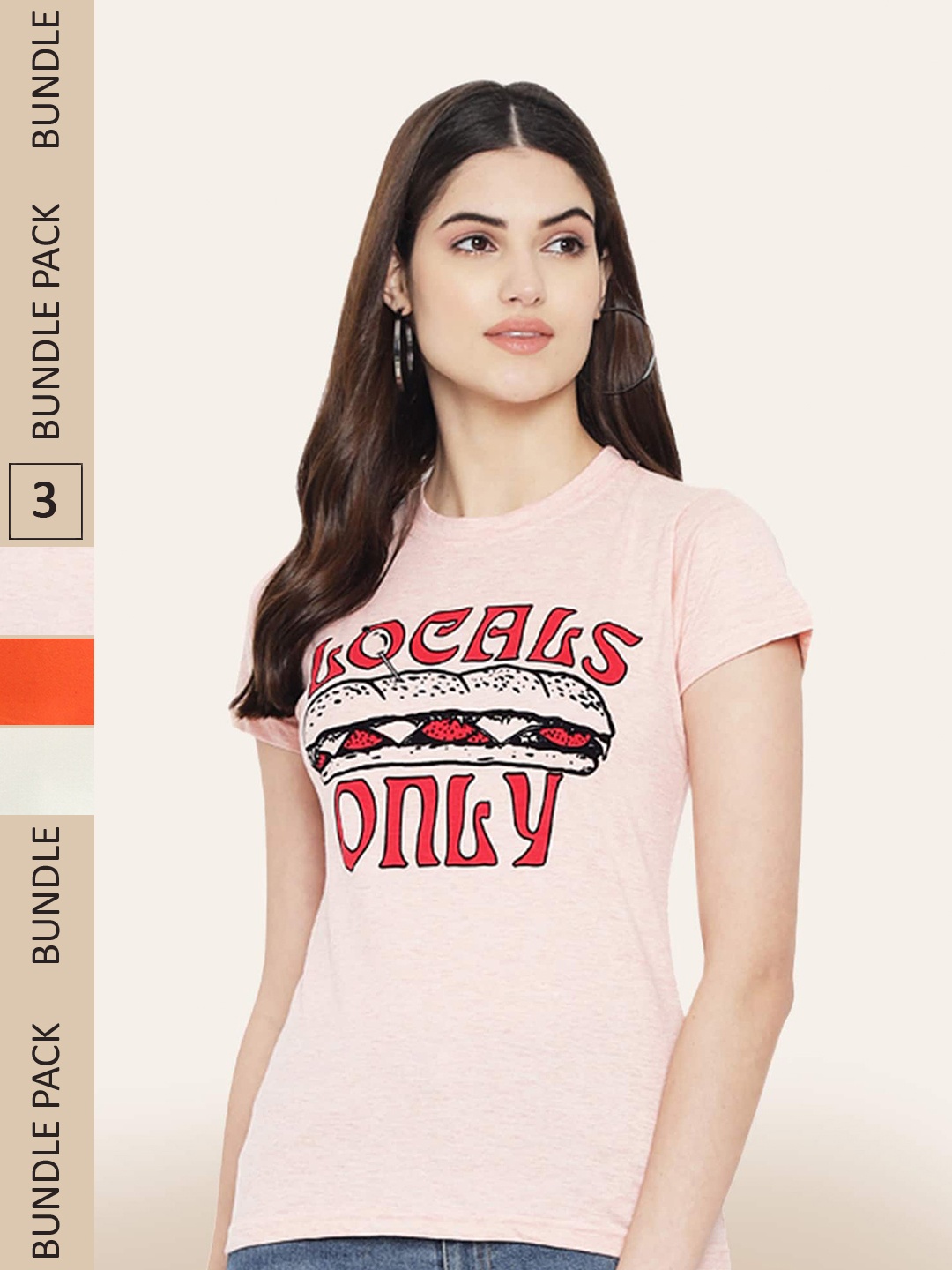 

BAESD Women Pack Of 3 Typography Printed Cotton T-shirt, Peach