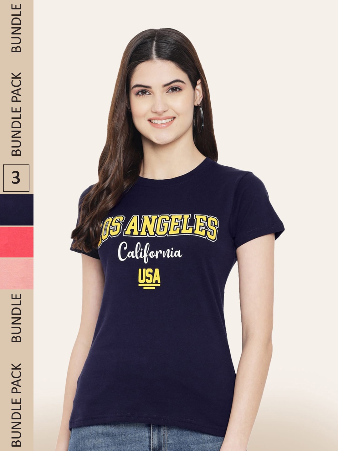 BAESD Women Pack Of 3 Printed Cotton T-shirt, Navy blue