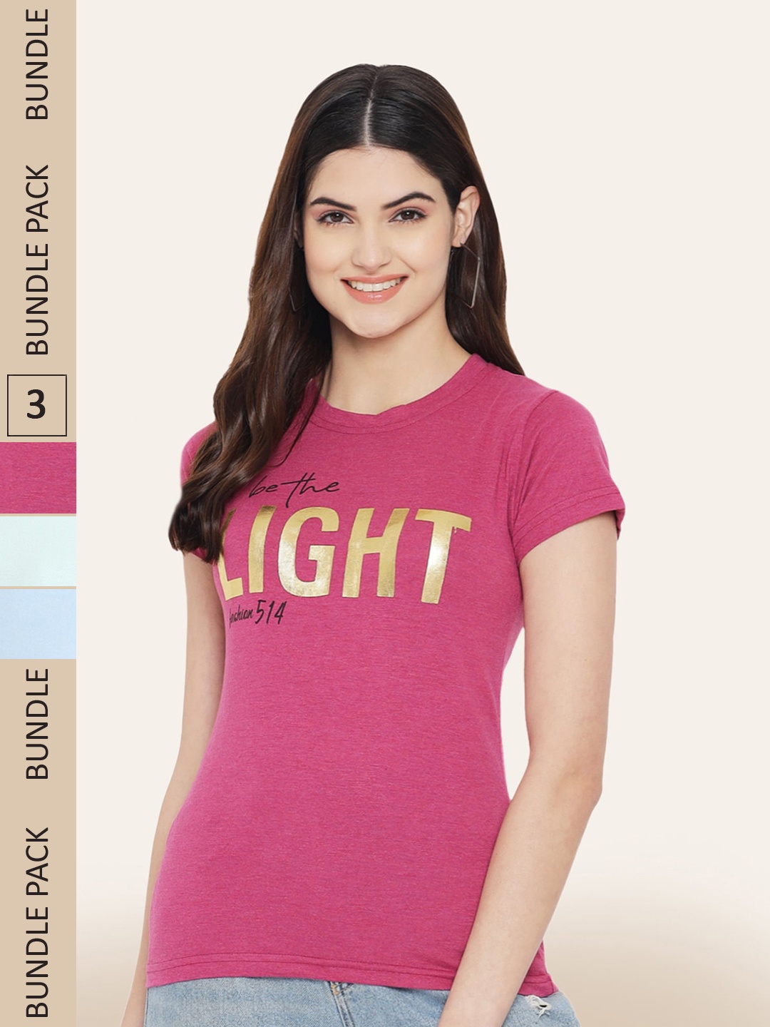 

BAESD Pack Of 3 Round Neck Printed Cotton T-shirt, Pink