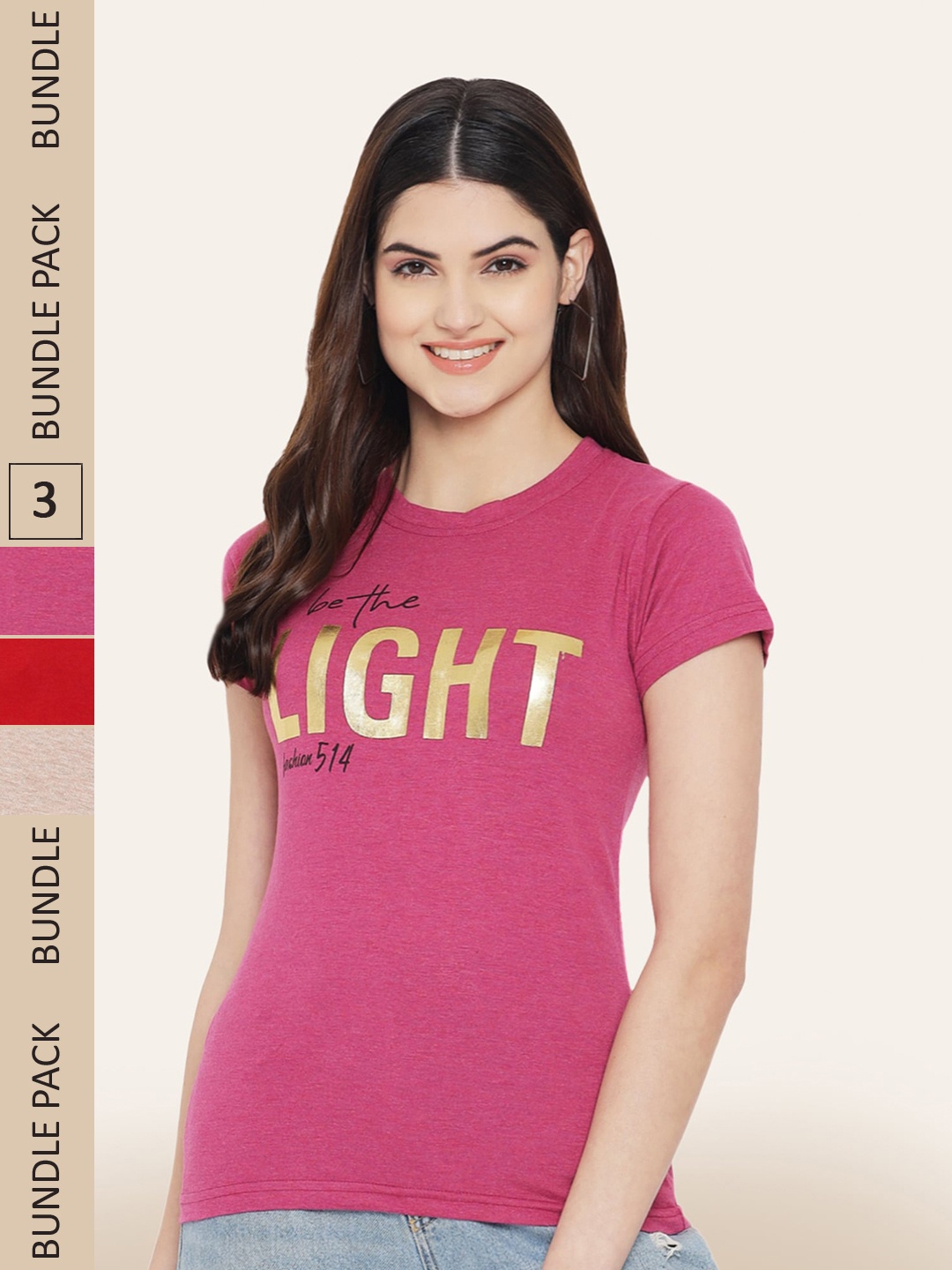 

BAESD Pack Of 3 Typography Printed Cotton T-shirt, Pink