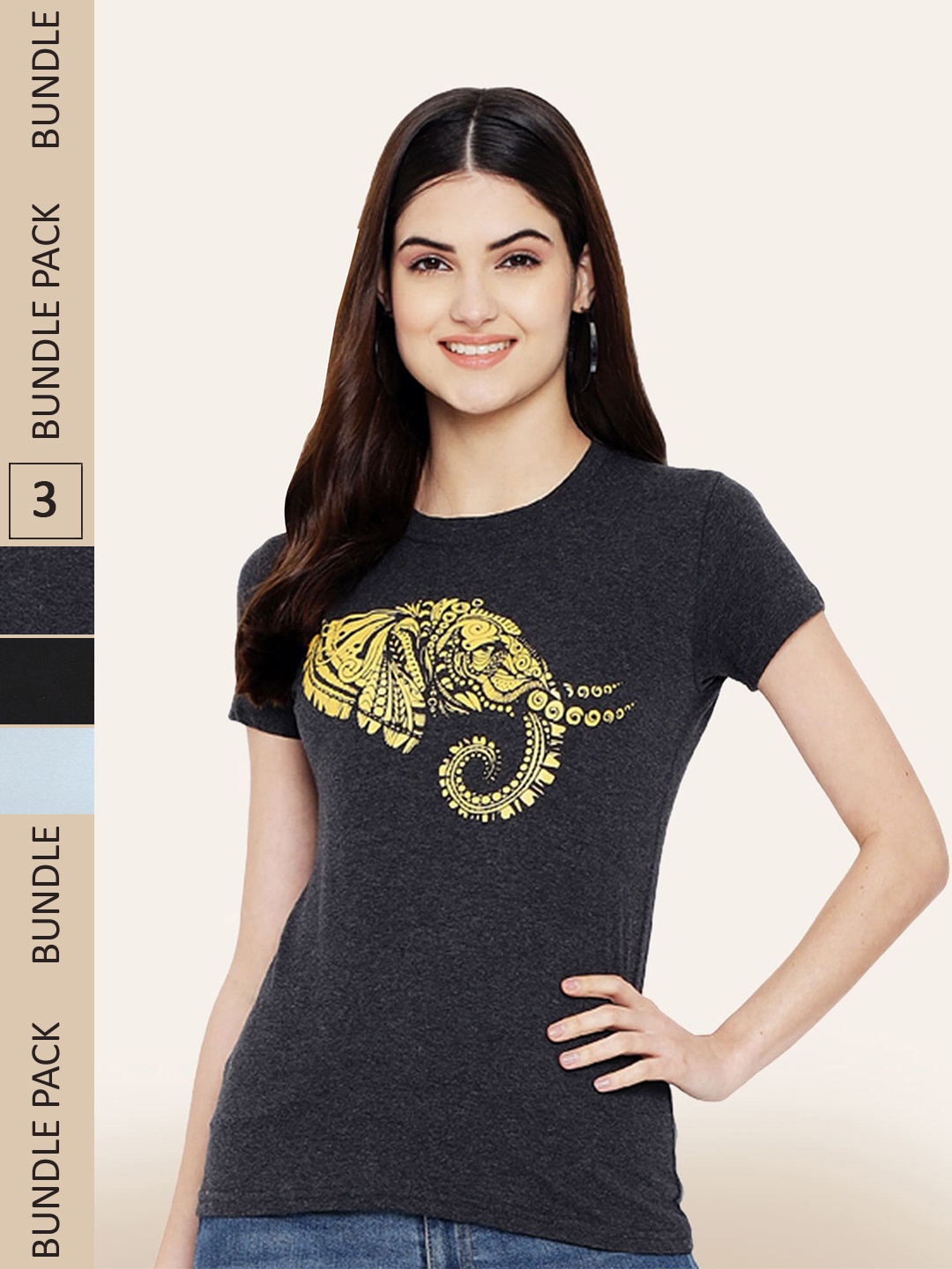 

BAESD Pack of 3 Printed Cotton T-shirts, Charcoal